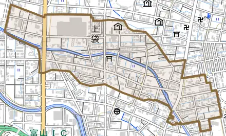 上袋とその周辺の地図。町の範囲を重ねている