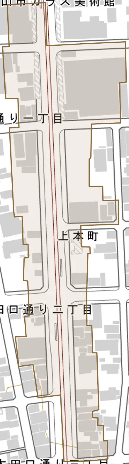 上本町とその周辺の地図。町の範囲を重ねている