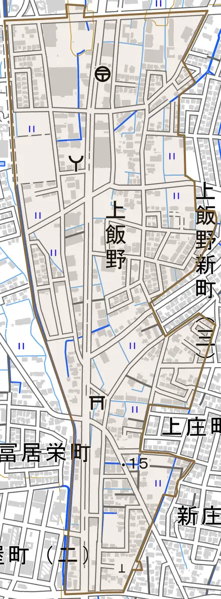 上飯野とその周辺の地図。町の範囲を重ねている