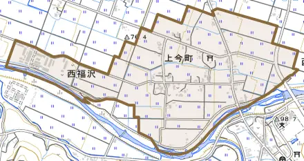 上今町とその周辺の地図。町の範囲を重ねている