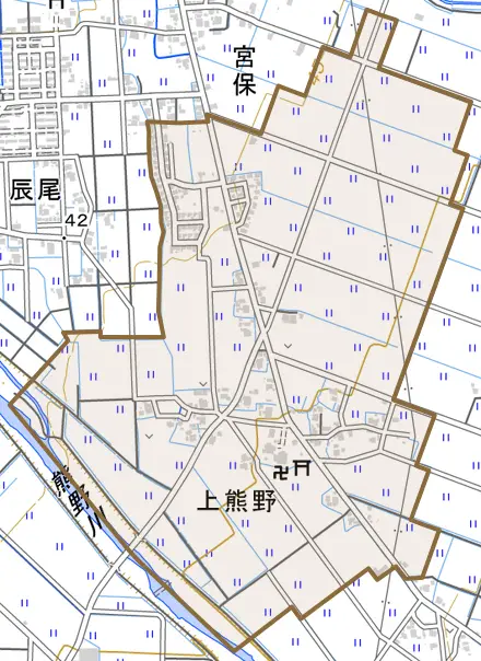 上熊野とその周辺の地図。町の範囲を重ねている