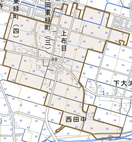 上布目とその周辺の地図。町の範囲を重ねている