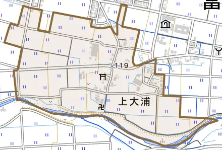 上大浦とその周辺の地図。町の範囲を重ねている