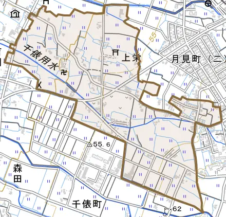 上栄とその周辺の地図。町の範囲を重ねている