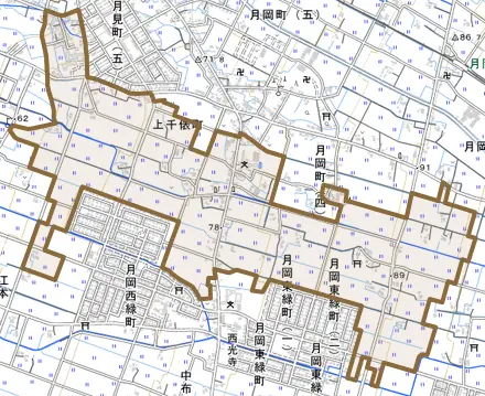 上千俵町とその周辺の地図。町の範囲を重ねている