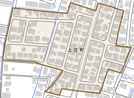 上庄町とその周辺の地図。町の範囲を重ねている