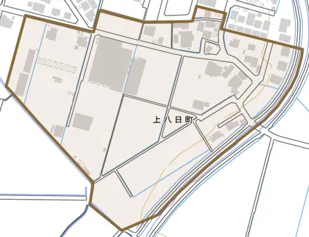 上八日町とその周辺の地図。町の範囲を重ねている