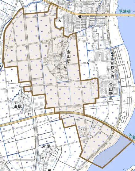 金山新とその周辺の地図。町の範囲を重ねている