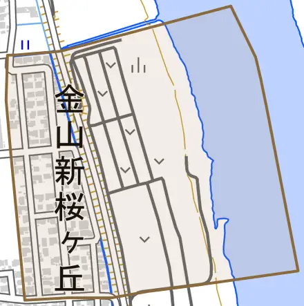 金山新桜ヶ丘とその周辺の地図。町の範囲を重ねている