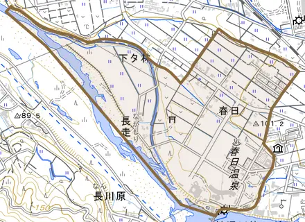 春日とその周辺の地図。町の範囲を重ねている