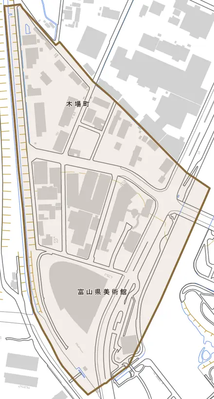 木場町とその周辺の地図。町の範囲を重ねている