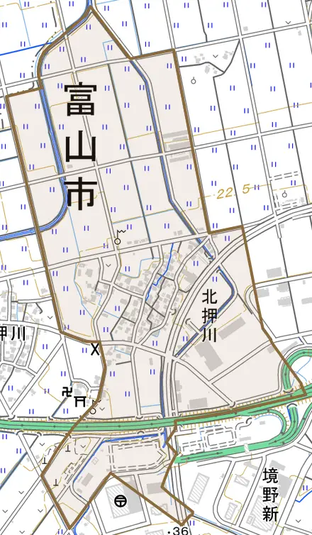 北押川とその周辺の地図。町の範囲を重ねている