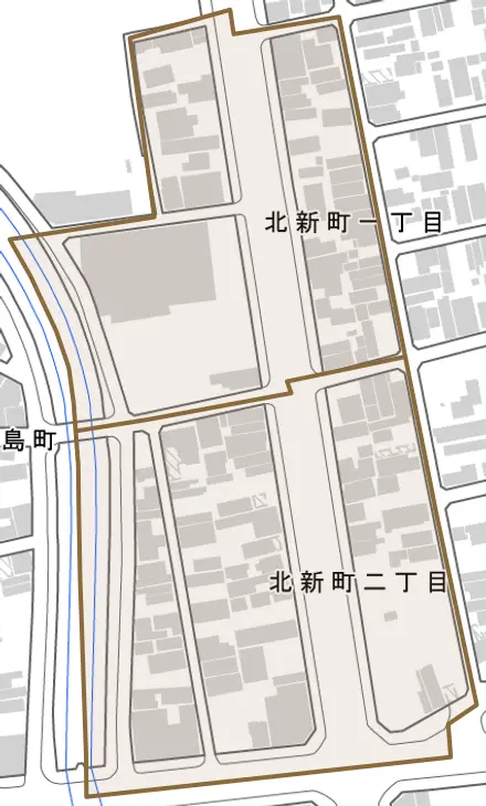 北新町とその周辺の地図。町の範囲を重ねている