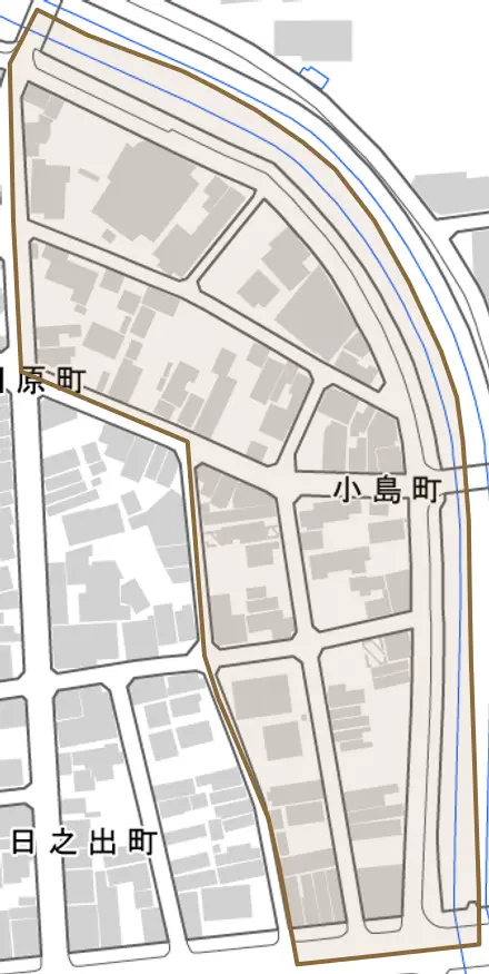 小島町とその周辺の地図。町の範囲を重ねている