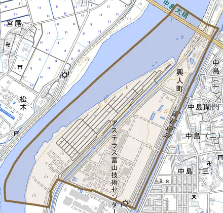 興人町とその周辺の地図。町の範囲を重ねている