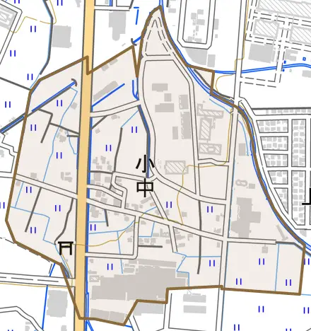 小中とその周辺の地図。町の範囲を重ねている