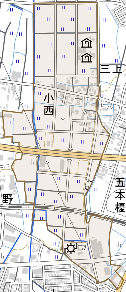 小西とその周辺の地図。町の範囲を重ねている