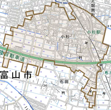 小杉とその周辺の地図。町の範囲を重ねている