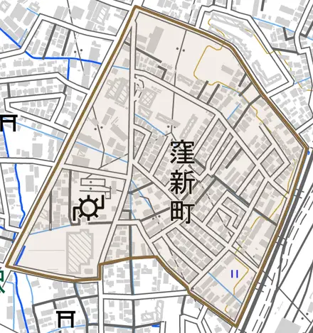 窪新町とその周辺の地図。町の範囲を重ねている