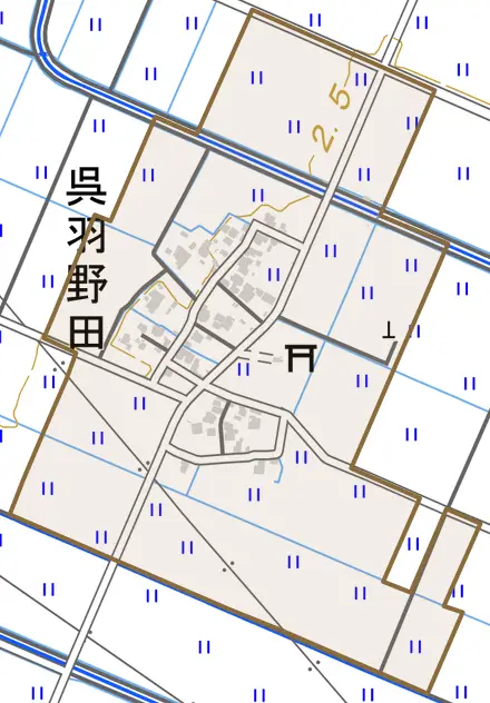 呉羽野田とその周辺の地図。町の範囲を重ねている
