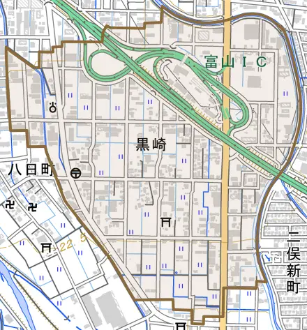黒崎とその周辺の地図。町の範囲を重ねている