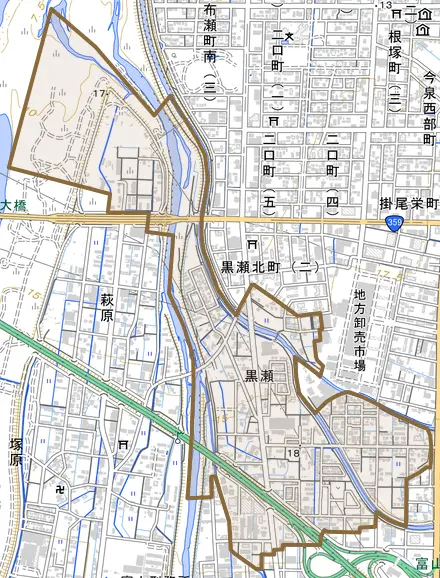 黒瀬とその周辺の地図。町の範囲を重ねている