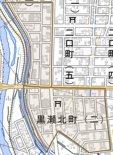 黒瀬北町とその周辺の地図。町の範囲を重ねている