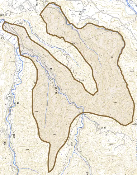 楜ケ原とその周辺の地図。町の範囲を重ねている