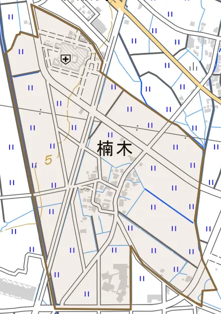 楠木とその周辺の地図。町の範囲を重ねている