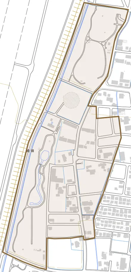経田とその周辺の地図。町の範囲を重ねている