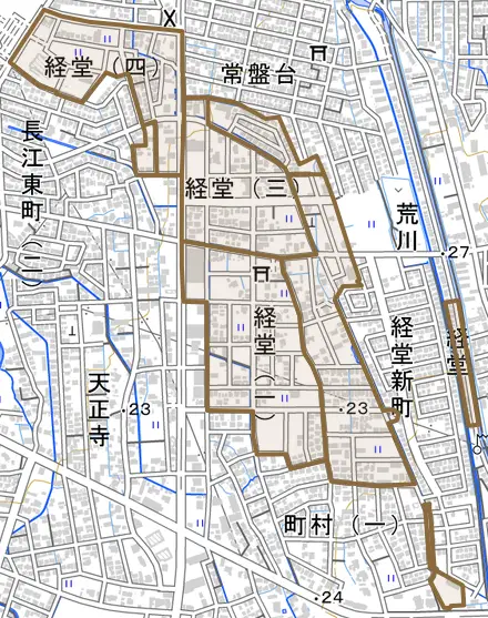 経堂とその周辺の地図。町の範囲を重ねている