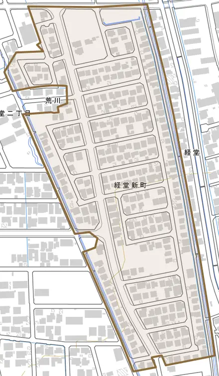 経堂新町とその周辺の地図。町の範囲を重ねている