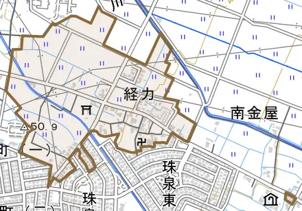 経力とその周辺の地図。町の範囲を重ねている