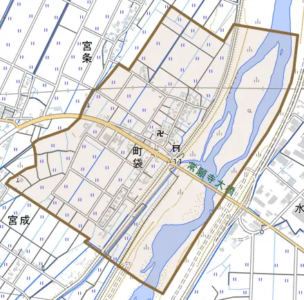 町袋とその周辺の地図。町の範囲を重ねている