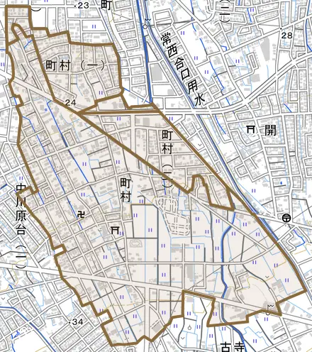 町村とその周辺の地図。町の範囲を重ねている