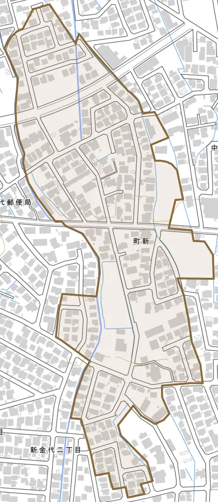 町新とその周辺の地図。町の範囲を重ねている