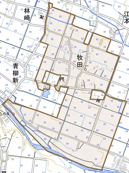 牧田とその周辺の地図。町の範囲を重ねている