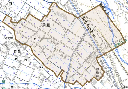 馬瀬口とその周辺の地図。町の範囲を重ねている