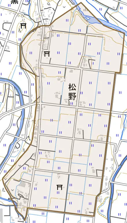 松野とその周辺の地図。町の範囲を重ねている
