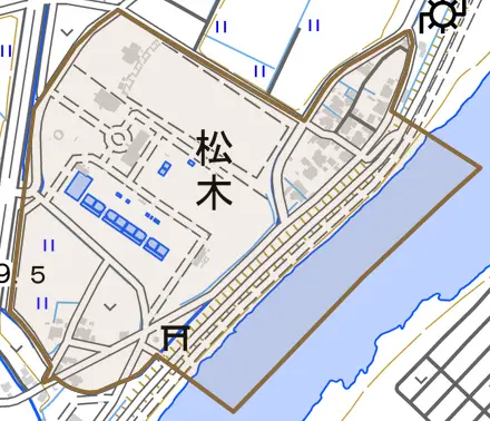 松木とその周辺の地図。町の範囲を重ねている