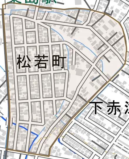 松若町とその周辺の地図。町の範囲を重ねている