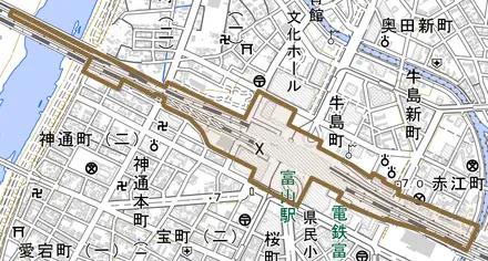 明輪町とその周辺の地図。町の範囲を重ねている