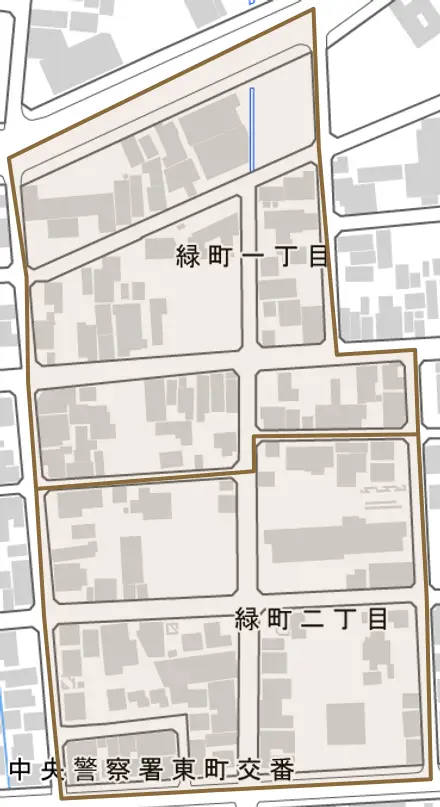 緑町とその周辺の地図。町の範囲を重ねている