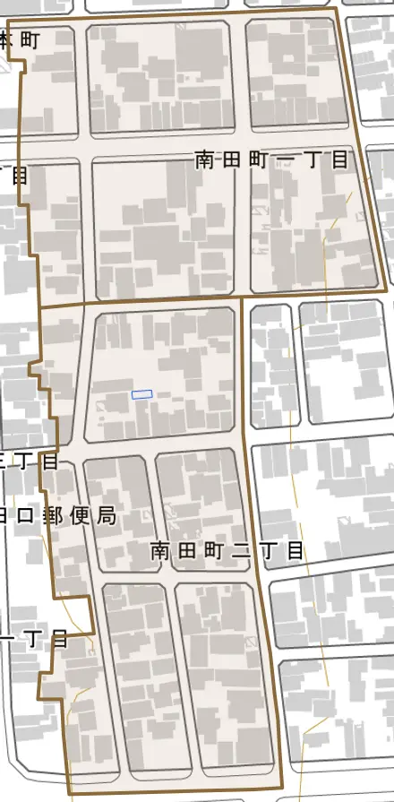 南田町とその周辺の地図。町の範囲を重ねている