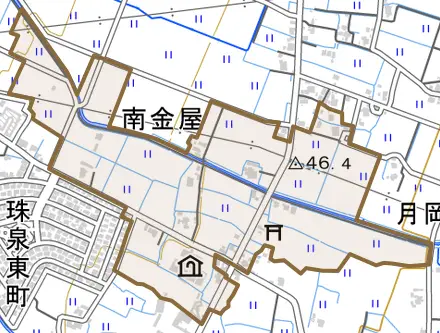 南金屋とその周辺の地図。町の範囲を重ねている
