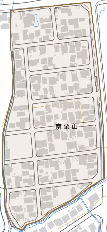 南栗山とその周辺の地図。町の範囲を重ねている