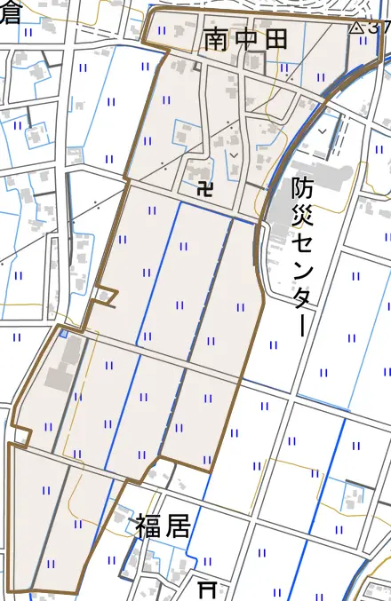 南中田とその周辺の地図。町の範囲を重ねている
