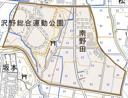 南野田とその周辺の地図。町の範囲を重ねている