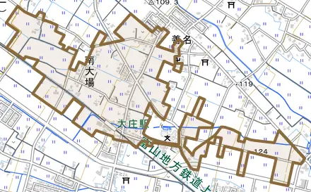 南大場とその周辺の地図。町の範囲を重ねている