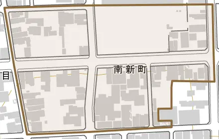 南新町とその周辺の地図。町の範囲を重ねている